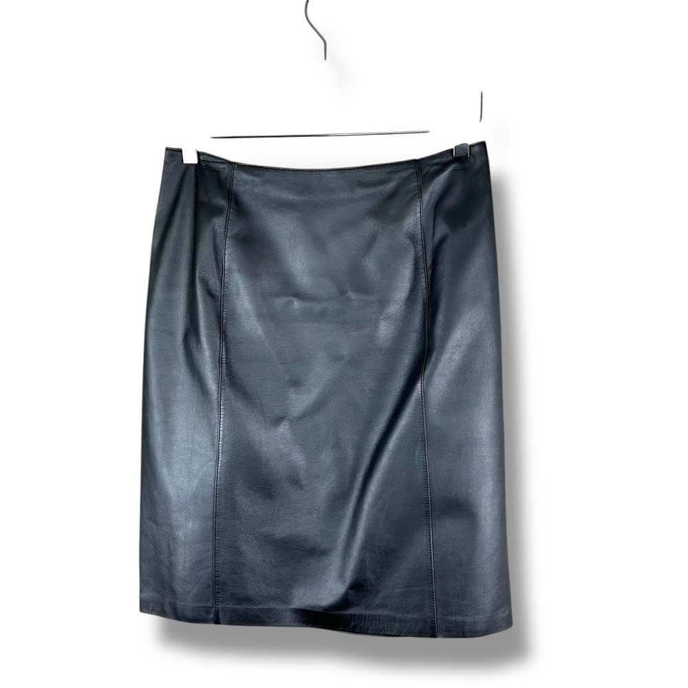 Kay Unger New York Metallic Graphite Gray Genuine Leather Pencil Skirt Women 8